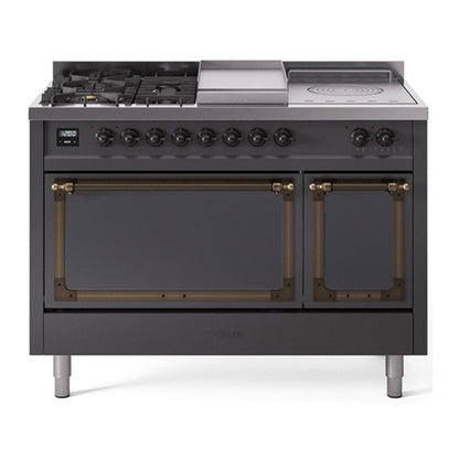 ILVE Nostalgie II 48-Inch Dual Fuel Range with 5 Sealed Burners + Griddle + French Top, 5.02 cu. ft. Oven, Graphite Matte with Burnished Trim, Liquid Propane, Solid Door, UN48FSQNMPMGBLP
