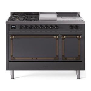 ILVE Nostalgie II 48-Inch Dual Fuel Range with 5 Sealed Burners + Griddle + French Top, 5.02 cu. ft. Oven, Graphite Matte with Burnished Trim, Natural Gas, Solid Door, UN48FSQNMPMGB