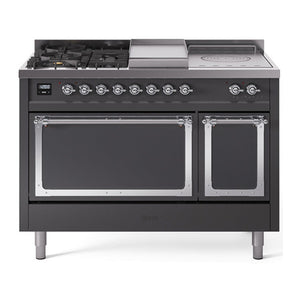 ILVE Nostalgie II 48-Inch Dual Fuel Range with 5 Sealed Burners + Griddle + French Top, 5.02 cu. ft. Oven, Graphite Matte with Chrome Trim, Liquid Propane, Solid Door, UN48FSQNMPMGCLP