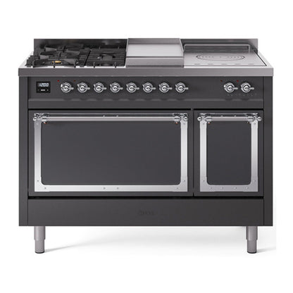 ILVE Nostalgie II 48-Inch Dual Fuel Range with 5 Sealed Burners + Griddle + French Top, 5.02 cu. ft. Oven, Graphite Matte with Chrome Trim, Natural Gas, Solid Door, UN48FSQNMPMGC