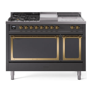 ILVE Nostalgie II 48-Inch Dual Fuel Range with 5 Sealed Burners + Griddle + French Top, 5.02 cu. ft. Oven, Graphite Matte with Brass Trim, Liquid Propane, Solid Door, UN48FSQNMPMGGLP