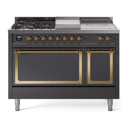 ILVE Nostalgie II 48-Inch Dual Fuel Range with 5 Sealed Burners + Griddle + French Top, 5.02 cu. ft. Oven, Graphite Matte with Brass Trim, Liquid Propane, Solid Door, UN48FSQNMPMGGLP