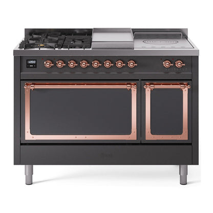 ILVE Nostalgie II 48-Inch Dual Fuel Range with 5 Sealed Burners + Griddle + French Top, 5.02 cu. ft. Oven, Graphite Matte with Copper Trim, Liquid Propane, Solid Door, UN48FSQNMPMGPLP