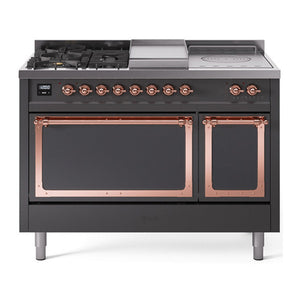 ILVE Nostalgie II 48-Inch Dual Fuel Range with 5 Sealed Burners + Griddle + French Top, 5.02 cu. ft. Oven, Graphite Matte with Copper Trim, Natural Gas, Solid Door, UN48FSQNMPMGP