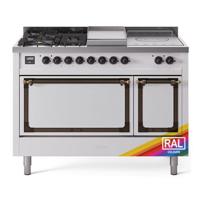 ILVE Nostalgie II 48-Inch Dual Fuel Range with 5 Sealed Burners + Griddle + French Top, 5.02 cu. ft. Oven, RAL with Burnished Trim, Liquid Propane, Solid Door, UN48FSQNMPRABLP