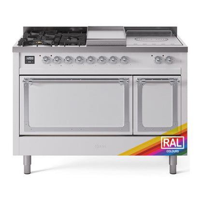 ILVE Nostalgie II 48-Inch Dual Fuel Range with 5 Sealed Burners + Griddle + French Top, 5.02 cu. ft. Oven, RAL with Chrome Trim, Liquid Propane, Solid Door, UN48FSQNMPRACLP