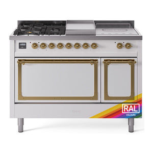 ILVE Nostalgie II 48-Inch Dual Fuel Range with 5 Sealed Burners + Griddle + French Top, 5.02 cu. ft. Oven, RAL with Brass Trim, Liquid Propane, Solid Door, UN48FSQNMPRAGLP