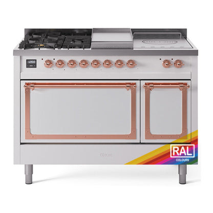 ILVE Nostalgie II 48-Inch Dual Fuel Range with 5 Sealed Burners + Griddle + French Top, 5.02 cu. ft. Oven, RAL with Copper Trim, Liquid Propane, Solid Door, UN48FSQNMPRAPLP