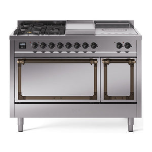 ILVE Nostalgie II 48-Inch Dual Fuel Range with 5 Sealed Burners + Griddle + French Top, 5.02 cu. ft. Oven, Stainless Steel with Burnished Trim, Liquid Propane, Solid Door, UN48FSQNMPSSBLP