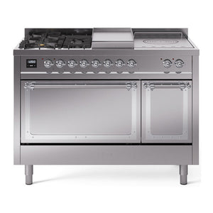 ILVE Nostalgie II 48-Inch Dual Fuel Range with 5 Sealed Burners + Griddle + French Top, 5.02 cu. ft. Oven, Stainless Steel with Chrome Trim, Liquid Propane, Solid Door, UN48FSQNMPSSCLP