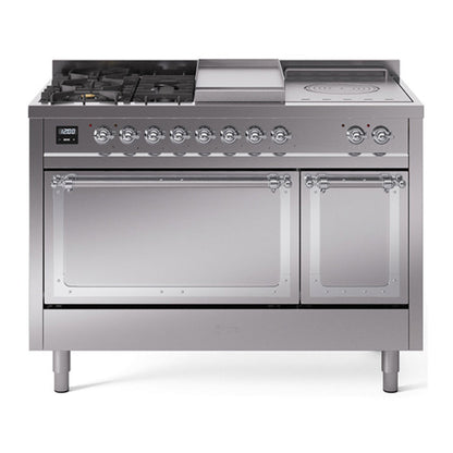 ILVE Nostalgie II 48-Inch Dual Fuel Range with 5 Sealed Burners + Griddle + French Top, 5.02 cu. ft. Oven, Stainless Steel with Chrome Trim, Natural Gas, Solid Door, UN48FSQNMPSSC