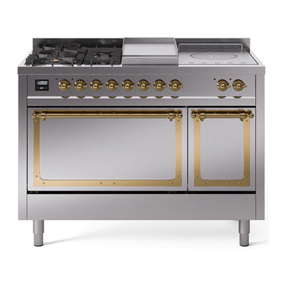 ILVE Nostalgie II 48-Inch Dual Fuel Range with 5 Sealed Burners + Griddle + French Top, 5.02 cu. ft. Oven, Stainless Steel with Brass Trim, Natural Gas, Solid Door, UN48FSQNMPSSG