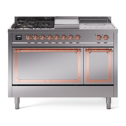 ILVE Nostalgie II 48-Inch Dual Fuel Range with 5 Sealed Burners + Griddle + French Top, 5.02 cu. ft. Oven, Stainless Steel with Copper Trim, Liquid Propane, Solid Door, UN48FSQNMPSSPLP
