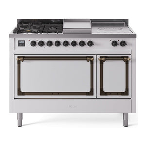 ILVE Nostalgie II 48-Inch Dual Fuel Range with 5 Sealed Burners + Griddle + French Top, 5.02 cu. ft. Oven, White with Burnished Trim, Natural Gas, Solid Door, UN48FSQNMPWHB