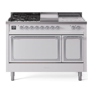 ILVE Nostalgie II 48-Inch Dual Fuel Range with 5 Sealed Burners + Griddle + French Top, 5.02 cu. ft. Oven, White with Chrome Trim, Natural Gas, Solid Door, UN48FSQNMPWHC
