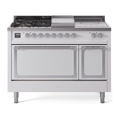 ILVE Nostalgie II 48-Inch Dual Fuel Range with 5 Sealed Burners + Griddle + French Top, 5.02 cu. ft. Oven, White with Chrome Trim, Natural Gas, Solid Door, UN48FSQNMPWHC