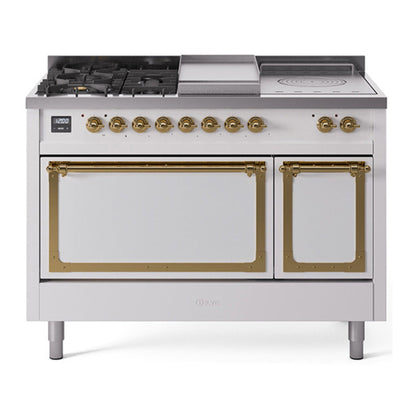ILVE Nostalgie II 48-Inch Dual Fuel Range with 5 Sealed Burners + Griddle + French Top, 5.02 cu. ft. Oven, White with Brass Trim, Natural Gas, Solid Door, UN48FSQNMPWHG