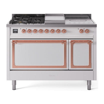 ILVE Nostalgie II 48-Inch Dual Fuel Range with 5 Sealed Burners + Griddle + French Top, 5.02 cu. ft. Oven, White with Copper Trim, Natural Gas, Solid Door, UN48FSQNMPWHP