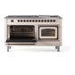 ILVE Nostalgie II 60-Inch Dual Fuel Range with 9 Sealed Burners + Griddle, 5.8 cu. ft. Oven, Antique White with Burnished Trim, Liquid Propane, Triple Glass Door, UN60FNMPAWBLP
