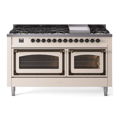 ILVE Nostalgie II 60-Inch Dual Fuel Range with 9 Sealed Burners + Griddle, 5.8 cu. ft. Oven, Antique White with Burnished Trim, Natural Gas, Triple Glass Door, UN60FNMPAWB