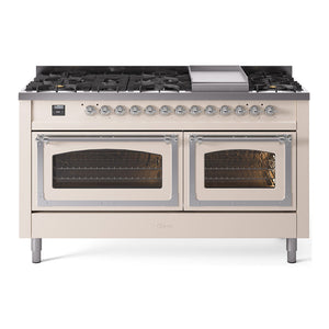 ILVE Nostalgie II 60-Inch Dual Fuel Range with 9 Sealed Burners + Griddle, 5.8 cu. ft. Oven, Antique White with Chrome Trim, Liquid Propane, Triple Glass Door, UN60FNMPAWCLP