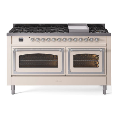 ILVE Nostalgie II 60-Inch Dual Fuel Range with 9 Sealed Burners + Griddle, 5.8 cu. ft. Oven, Antique White with Chrome Trim, Natural Gas, Triple Glass Door, UN60FNMPAWC