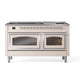 ILVE Nostalgie II 60-Inch Dual Fuel Range with 9 Sealed Burners + Griddle, 5.8 cu. ft. Oven, Antique White with Chrome Trim, Natural Gas, Triple Glass Door, UN60FNMPAWC