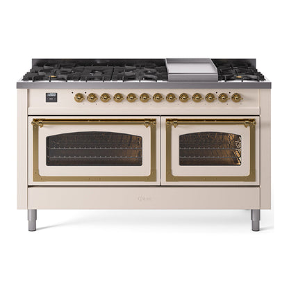 ILVE Nostalgie II 60-Inch Dual Fuel Range with 9 Sealed Burners + Griddle, 5.8 cu. ft. Oven, Antique White with Brass Trim, Liquid Propane, Triple Glass Door, UN60FNMPAWGLP