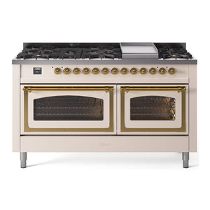ILVE Nostalgie II 60-Inch Dual Fuel Range with 9 Sealed Burners + Griddle, 5.8 cu. ft. Oven, Antique White with Brass Trim, Natural Gas, Triple Glass Door, UN60FNMPAWG