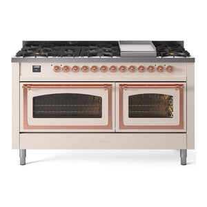 ILVE Nostalgie II 60-Inch Dual Fuel Range with 9 Sealed Burners + Griddle, 5.8 cu. ft. Oven, Antique White with Copper Trim, Liquid Propane, Triple Glass Door, UN60FNMPAWPLP