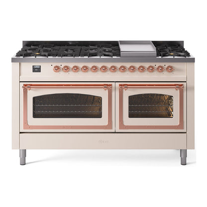 ILVE Nostalgie II 60-Inch Dual Fuel Range with 9 Sealed Burners + Griddle, 5.8 cu. ft. Oven, Antique White with Copper Trim, Natural Gas, Triple Glass Door, UN60FNMPAWP
