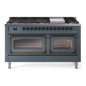 ILVE Nostalgie II 60-Inch Dual Fuel Range with 9 Sealed Burners + Griddle, 5.8 cu. ft. Oven, Blue Grey with Burnished Trim, Liquid Propane, Triple Glass Door, UN60FNMPBGBLP