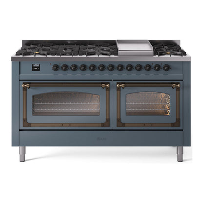 ILVE Nostalgie II 60-Inch Dual Fuel Range with 9 Sealed Burners + Griddle, 5.8 cu. ft. Oven, Blue Grey with Burnished Trim, Liquid Propane, Triple Glass Door, UN60FNMPBGBLP