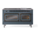 ILVE Nostalgie II 60-Inch Dual Fuel Range with 9 Sealed Burners + Griddle, 5.8 cu. ft. Oven, Blue Grey with Burnished Trim, Natural Gas, Triple Glass Door, UN60FNMPBGB