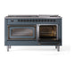 ILVE Nostalgie II 60-Inch Dual Fuel Range with 9 Sealed Burners + Griddle, 5.8 cu. ft. Oven, Blue Grey with Burnished Trim, Natural Gas, Triple Glass Door, UN60FNMPBGB