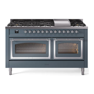 ILVE Nostalgie II 60-Inch Dual Fuel Range with 9 Sealed Burners + Griddle, 5.8 cu. ft. Oven, Blue Grey with Chrome Trim, Liquid Propane, Triple Glass Door, UN60FNMPBGCLP