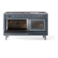 ILVE Nostalgie II 60-Inch Dual Fuel Range with 9 Sealed Burners + Griddle, 5.8 cu. ft. Oven, Blue Grey with Chrome Trim, Liquid Propane, Triple Glass Door, UN60FNMPBGCLP