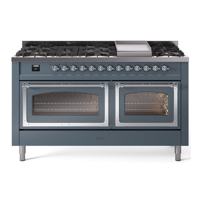 ILVE Nostalgie II 60-Inch Dual Fuel Range with 9 Sealed Burners + Griddle, 5.8 cu. ft. Oven, Blue Grey with Chrome Trim, Natural Gas, Triple Glass Door, UN60FNMPBGC