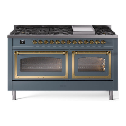 ILVE Nostalgie II 60-Inch Dual Fuel Range with 9 Sealed Burners + Griddle, 5.8 cu. ft. Oven, Blue Grey with Brass Trim, Liquid Propane, Triple Glass Door, UN60FNMPBGGLP