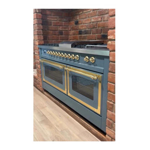 ILVE Nostalgie II 60-Inch Dual Fuel Range with 9 Sealed Burners + Griddle, 5.8 cu. ft. Oven, Blue Grey with Brass Trim, Natural Gas, Triple Glass Door, UN60FNMPBGG