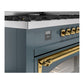 ILVE Nostalgie II 60-Inch Dual Fuel Range with 9 Sealed Burners + Griddle, 5.8 cu. ft. Oven, Blue Grey with Brass Trim, Natural Gas, Triple Glass Door, UN60FNMPBGG