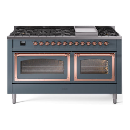 ILVE Nostalgie II 60-Inch Dual Fuel Range with 9 Sealed Burners + Griddle, 5.8 cu. ft. Oven, Blue Grey with Copper Trim, Liquid Propane, Triple Glass Door, UN60FNMPBGPLP