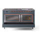 ILVE Nostalgie II 60-Inch Dual Fuel Range with 9 Sealed Burners + Griddle, 5.8 cu. ft. Oven, Blue Grey with Copper Trim, Liquid Propane, Triple Glass Door, UN60FNMPBGPLP