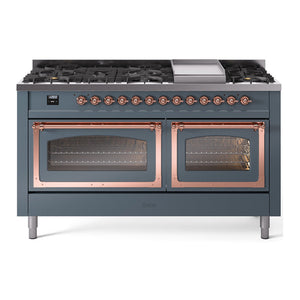 ILVE Nostalgie II 60-Inch Dual Fuel Range with 9 Sealed Burners + Griddle, 5.8 cu. ft. Oven, Blue Grey with Copper Trim, Natural Gas, Triple Glass Door, UN60FNMPBGP