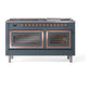 ILVE Nostalgie II 60-Inch Dual Fuel Range with 9 Sealed Burners + Griddle, 5.8 cu. ft. Oven, Blue Grey with Copper Trim, Natural Gas, Triple Glass Door, UN60FNMPBGP