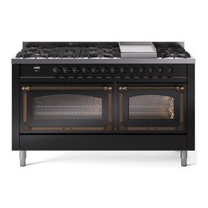 ILVE Nostalgie II 60-Inch Dual Fuel Range with 9 Sealed Burners + Griddle, 5.8 cu. ft. Oven, Glossy Black with Burnished Trim, Liquid Propane, Triple Glass Door, UN60FNMPBKBLP