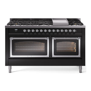 ILVE Nostalgie II 60-Inch Dual Fuel Range with 9 Sealed Burners + Griddle, 5.8 cu. ft. Oven, Glossy Black with Chrome Trim, Liquid Propane, Triple Glass Door, UN60FNMPBKCLP