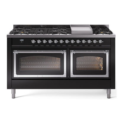ILVE Nostalgie II 60-Inch Dual Fuel Range with 9 Sealed Burners + Griddle, 5.8 cu. ft. Oven, Glossy Black with Chrome Trim, Liquid Propane, Triple Glass Door, UN60FNMPBKCLP