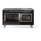 ILVE Nostalgie II 60-Inch Dual Fuel Range with 9 Sealed Burners + Griddle, 5.8 cu. ft. Oven, Glossy Black with Chrome Trim, Natural Gas, Triple Glass Door, UN60FNMPBKC
