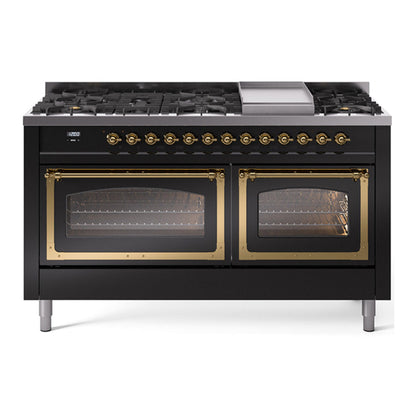 ILVE Nostalgie II 60-Inch Dual Fuel Range with 9 Sealed Burners + Griddle, 5.8 cu. ft. Oven, Glossy Black with Brass Trim, Liquid Propane, Triple Glass Door, UN60FNMPBKGLP
